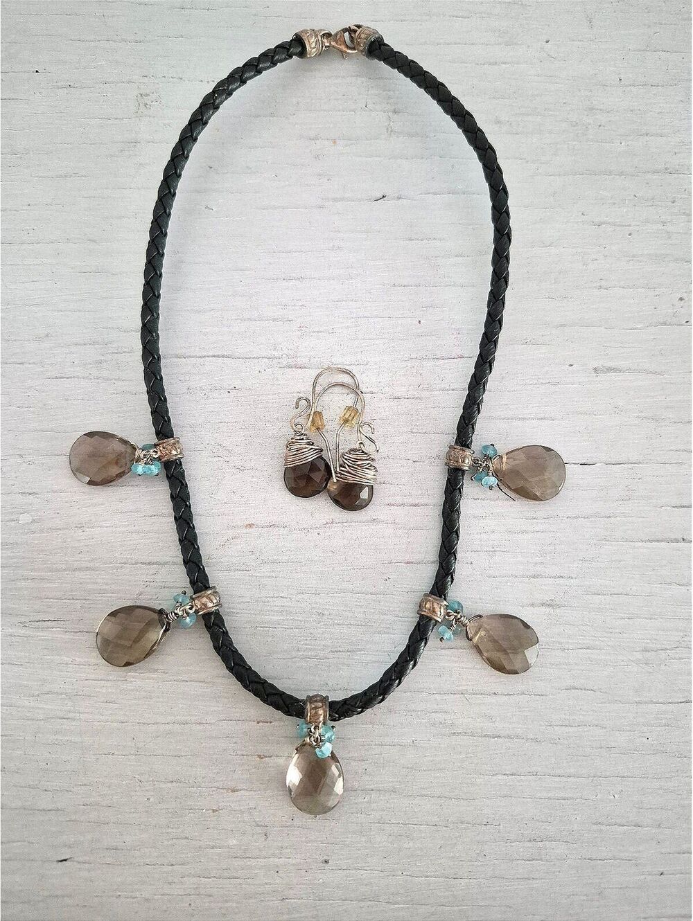 Vintage Leather Sterling Smokey Quartz Crystal Choker Necklace and Earring Set